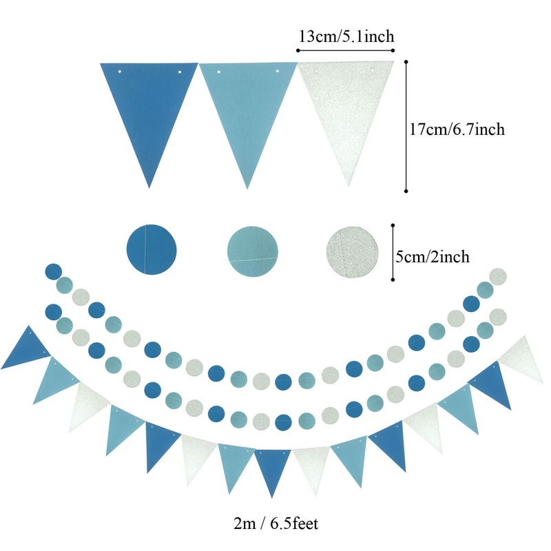 ZERODECO Party Decoration, 21 Pcs Blue Hanging Paper Fans, Pom Poms Flowers, Garlands String Polka Dot and Triangle Bunting Flags for Boy Birthday Parties, Bridal Showers, Baby Showers, Wedding - Image 5